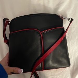 Leather crossbody bag black and red interior
